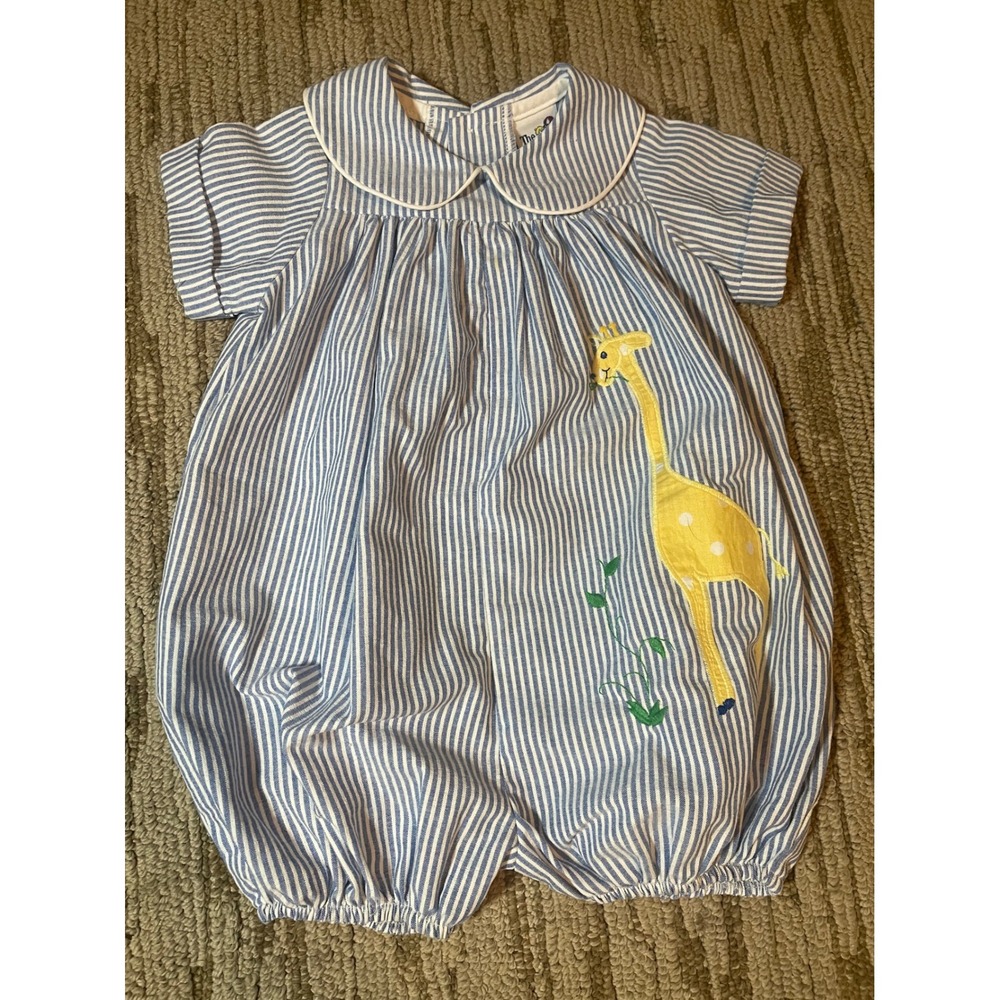 The Bailey Boys Blue White Seersucker Giraffe Applique Bubble Romper  12M
